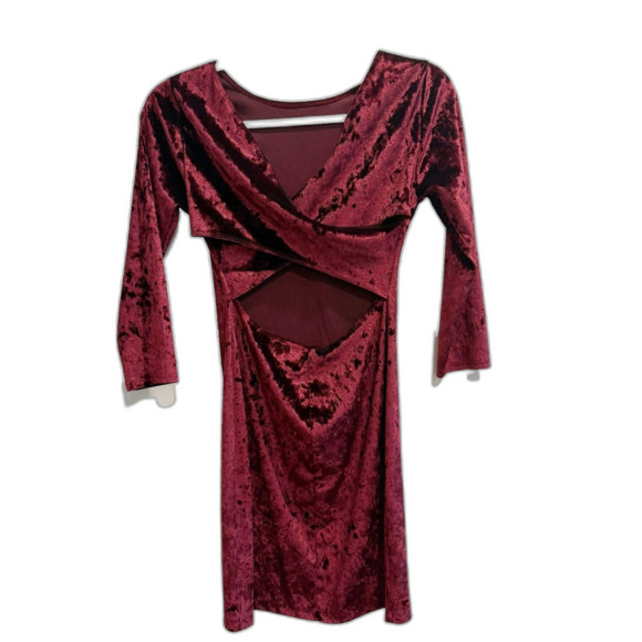 Unedited Women Red Bodycon Dress Size S V Neck Velvet Cutout Stretch Long Sleeve - Picture 1 of 5